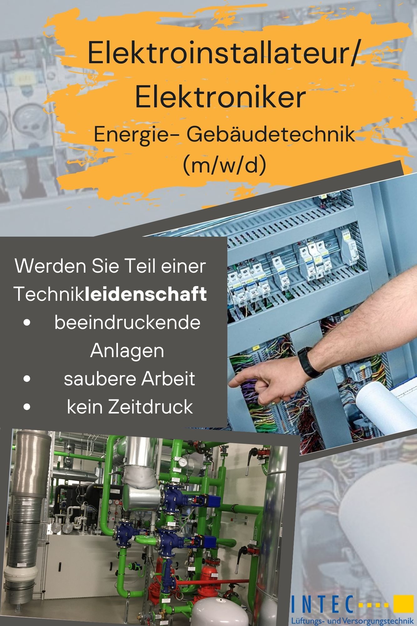 Elektroinstallateur/ Elektroniker Energie- und Gebäudetechnik (m/w/d) Wir bieten ab sofort einer/m Elektroinstallateur / Elektroniker für Energie- und Gebäudetechnik (m/w/d) am Standort Hamburg eine unbefristete Festanstellung in Vollzeit an. Als Elektroniker (m/w/d) können Sie von uns eine gute Vereinbarkeit von Familie und Beruf erwarten – geregelte Arbeitszeiten, keine Überstunden und Arbeiten ohne Akkord- und Zeitdruck. Wir von der Intec Versorgungstechnik sorgen jeden Tag für frische Luft. Wir zeichnen uns durch außergewöhnliche, millionenschwere Großbauprojekte (Krankenhäuser, Forschungseinrichtungen, öffentliche Bauten) aus. Jahrzehnte an Erfahrungen mit sensibler Haustechnik bilden die Grundlage unseres Erfolgs. Als Elektroinstallateur/ Elektroniker (m/w/d) arbeiten Sie in unserer Serviceabteilung am Standort Hamburg mit. Was wir bieten: • geregelte Arbeitszeiten Mo bis Fr – KEINE Überstunden, KEIN Zeitdruck • direkt von zu Hause aus starten • entspannte, saubere Arbeitsatmosphäre keine Akkordarbeit • hochwertiges Qualitätswerkzeug (Bosch, Testo, Wera, Duspol, Gossen Metrawatt oder nach eigenen Wünschen) • Firmenfahrzeuge von VW, dass Sie mit nach Hause nehmen können • Sommerurlaub bis zu 3 Wochen, zwischen Weihnachten und Neujahr Betriebsferien • Weihnachts-, Urlaubsgeld, Prämien nach Leistungsbereitschaft • Betriebliche Altersvorsorge Was Sie erwartet: • Installieren und Verkabeln im Bereich Gebäudetechnik • Begleiten der Inbetriebnahmen • Störungssuche/ Fehleranalyse, Beheben der Störungen • Durchführungen von Instandsetzungen und Wartungsarbeiten   Was wir erwarten: • abgeschlossene Ausbildung im Bereich Elektrotechnik, als Elektroniker Energie-/Gebäudetechnik, Elektroinstallateur (m/w/d) oder vergleichbarer Abschluss • Erfahrungen in der Automatisierungstechnik und/oder MSR-Technik wünschenswert • Kenntnisse aus der Gebäudeautomation vorteilhaft • Reisebereitschaft (insg. 2 Wochen / Jahr) • Führerscheinklasse B Wir leben von Luft und Liebe zur Technik Die Intec Versorgungstechnik ist ein etabliertes Unternehmen in Neubrandenburg und Hamburg, das sich auf hochwertige Lüftungstechnik/ Raumlufttechnik spezialisiert hat. Als ausführendes Unternehmen mit eigenem Planungsbereich haben wir uns seit unserer Gründung 1990 einen exzellenten Ruf in der Branche erarbeitet. Dieser basiert auf Qualität, Zuverlässigkeit und Innovation. Werden Sie Teil unseres Teams! 